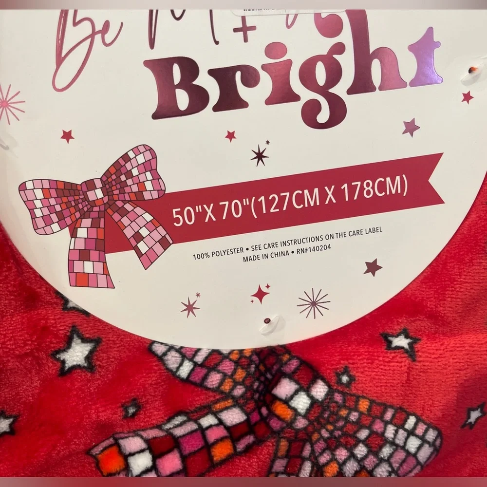Christmas Ribbons Red & Pink Disco Bows Holiday Plush Blanket Throw 50”x70” NWT